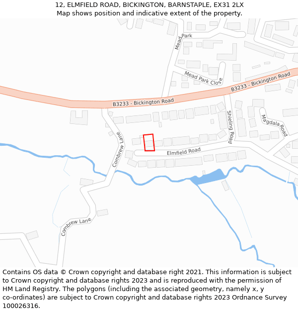12, ELMFIELD ROAD, BICKINGTON, BARNSTAPLE, EX31 2LX: Location map and indicative extent of plot