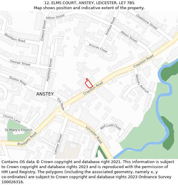 12, ELMS COURT, ANSTEY, LEICESTER, LE7 7BS: Location map and indicative extent of plot