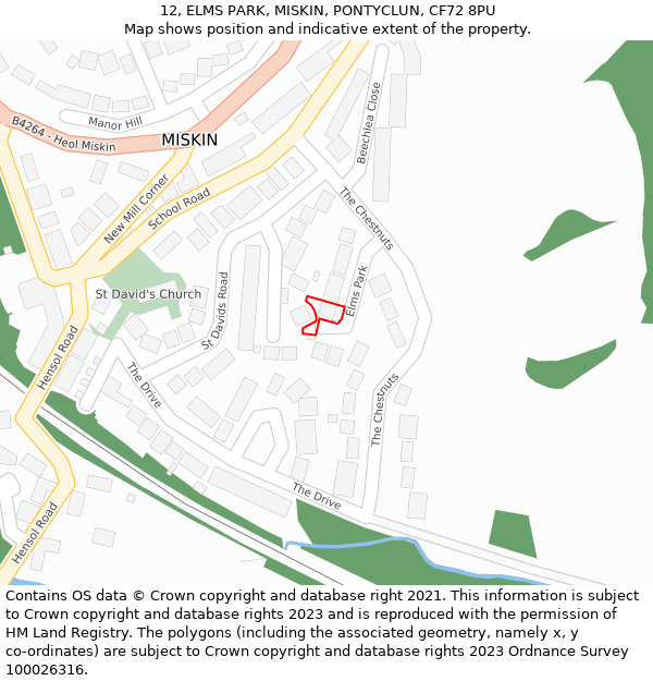 12, ELMS PARK, MISKIN, PONTYCLUN, CF72 8PU: Location map and indicative extent of plot