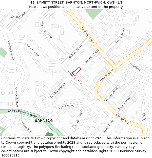 12, EMMETT STREET, BARNTON, NORTHWICH, CW8 4LN: Location map and indicative extent of plot