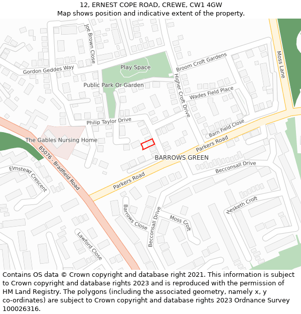 12, ERNEST COPE ROAD, CREWE, CW1 4GW: Location map and indicative extent of plot