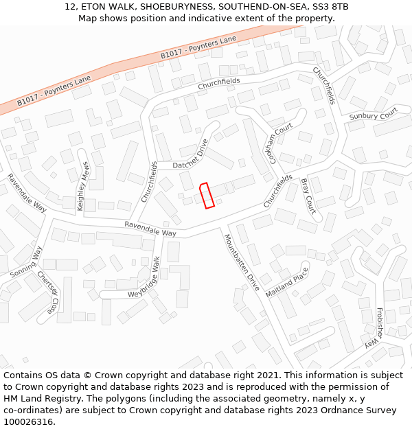 12, ETON WALK, SHOEBURYNESS, SOUTHEND-ON-SEA, SS3 8TB: Location map and indicative extent of plot