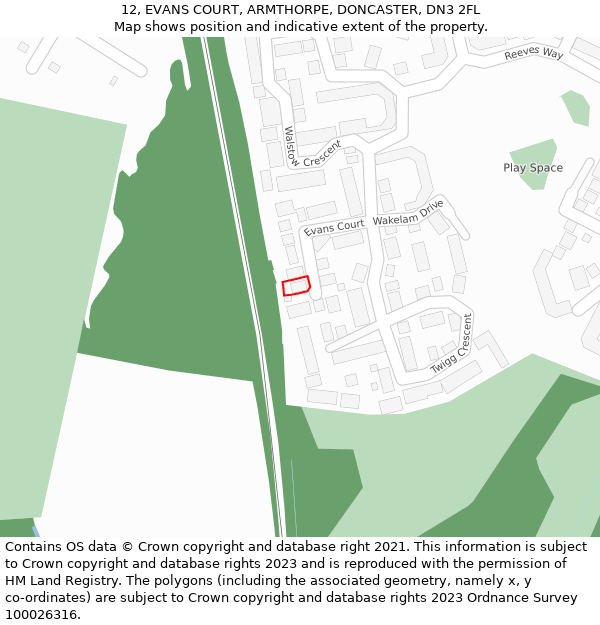 12, EVANS COURT, ARMTHORPE, DONCASTER, DN3 2FL: Location map and indicative extent of plot