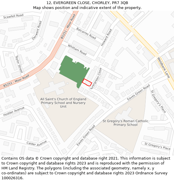 12, EVERGREEN CLOSE, CHORLEY, PR7 3QB: Location map and indicative extent of plot