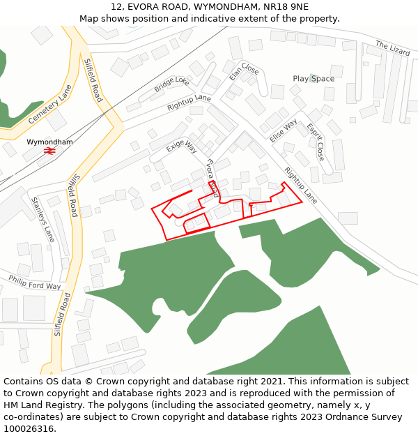 12, EVORA ROAD, WYMONDHAM, NR18 9NE: Location map and indicative extent of plot