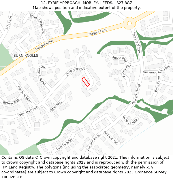 12, EYRIE APPROACH, MORLEY, LEEDS, LS27 8GZ: Location map and indicative extent of plot