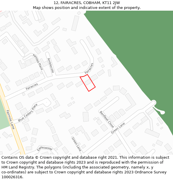 12, FAIRACRES, COBHAM, KT11 2JW: Location map and indicative extent of plot