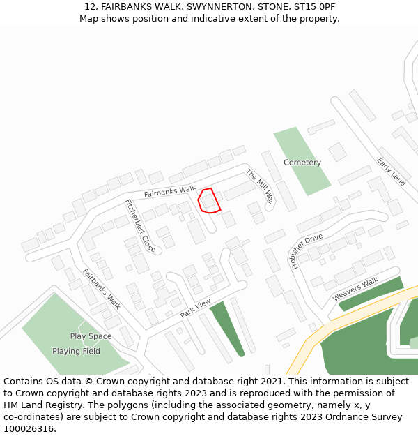 12, FAIRBANKS WALK, SWYNNERTON, STONE, ST15 0PF: Location map and indicative extent of plot