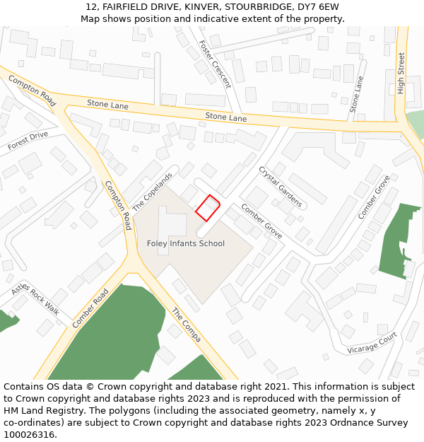 12, FAIRFIELD DRIVE, KINVER, STOURBRIDGE, DY7 6EW: Location map and indicative extent of plot