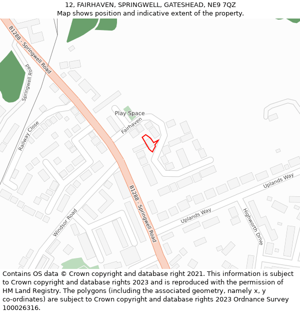 12, FAIRHAVEN, SPRINGWELL, GATESHEAD, NE9 7QZ: Location map and indicative extent of plot