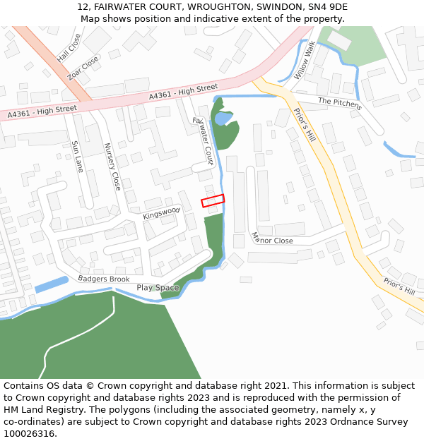 12, FAIRWATER COURT, WROUGHTON, SWINDON, SN4 9DE: Location map and indicative extent of plot