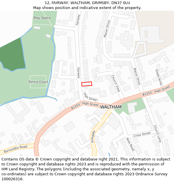 12, FAIRWAY, WALTHAM, GRIMSBY, DN37 0LU: Location map and indicative extent of plot