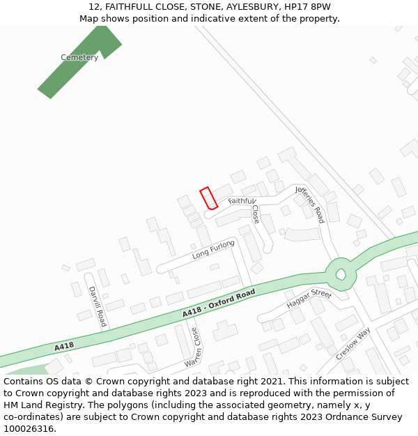 12, FAITHFULL CLOSE, STONE, AYLESBURY, HP17 8PW: Location map and indicative extent of plot