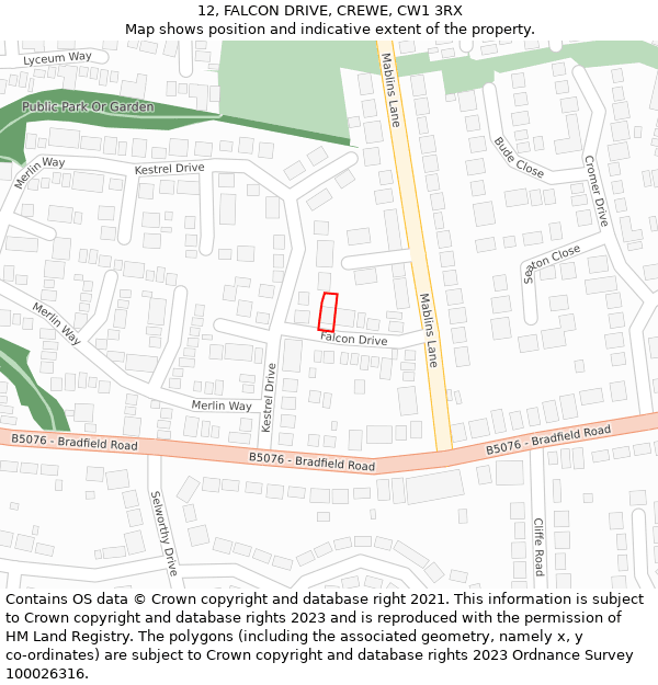 12, FALCON DRIVE, CREWE, CW1 3RX: Location map and indicative extent of plot