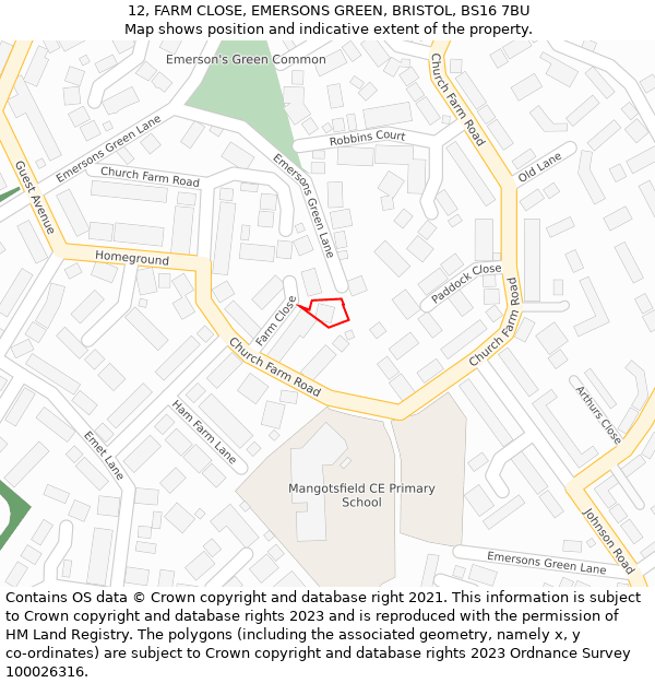 12, FARM CLOSE, EMERSONS GREEN, BRISTOL, BS16 7BU: Location map and indicative extent of plot