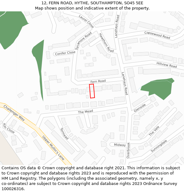 12, FERN ROAD, HYTHE, SOUTHAMPTON, SO45 5EE: Location map and indicative extent of plot