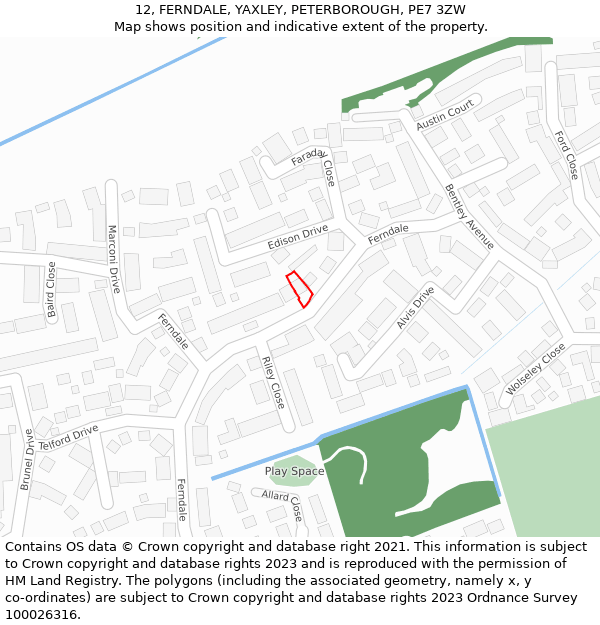 12, FERNDALE, YAXLEY, PETERBOROUGH, PE7 3ZW: Location map and indicative extent of plot