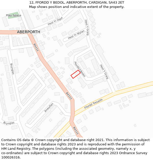 12, FFORDD Y BEDOL, ABERPORTH, CARDIGAN, SA43 2ET: Location map and indicative extent of plot