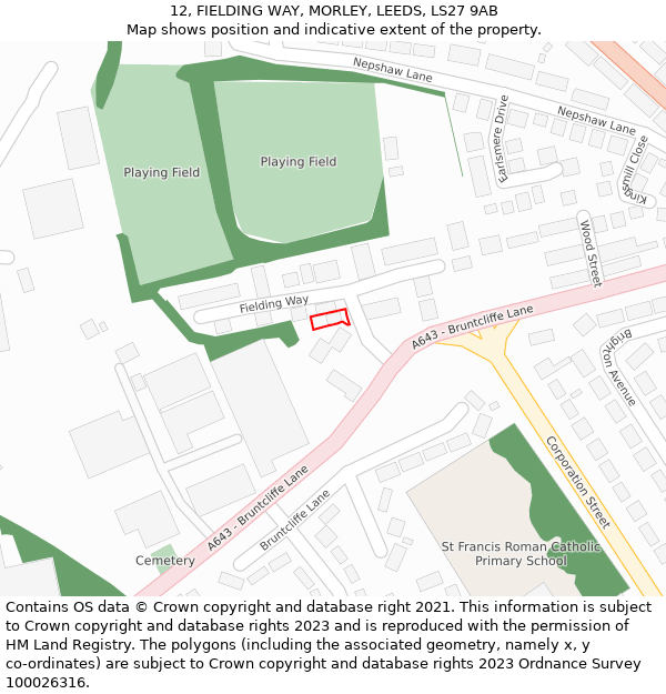 12, FIELDING WAY, MORLEY, LEEDS, LS27 9AB: Location map and indicative extent of plot