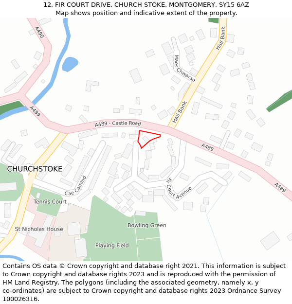 12, FIR COURT DRIVE, CHURCH STOKE, MONTGOMERY, SY15 6AZ: Location map and indicative extent of plot