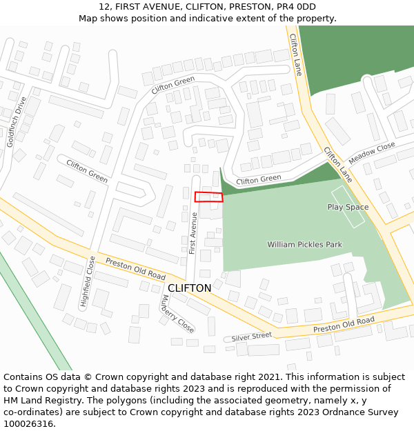 12, FIRST AVENUE, CLIFTON, PRESTON, PR4 0DD: Location map and indicative extent of plot