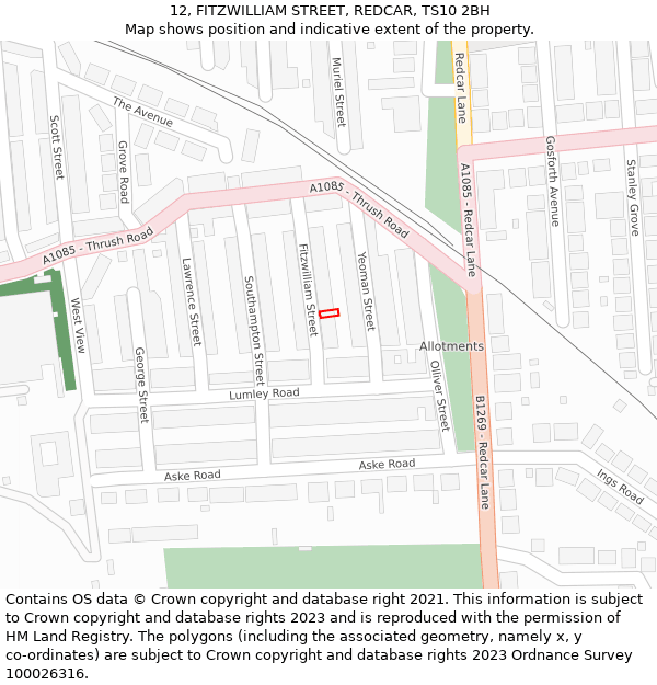 12, FITZWILLIAM STREET, REDCAR, TS10 2BH: Location map and indicative extent of plot