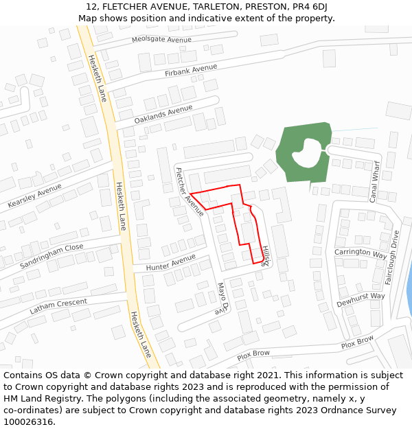 12, FLETCHER AVENUE, TARLETON, PRESTON, PR4 6DJ: Location map and indicative extent of plot