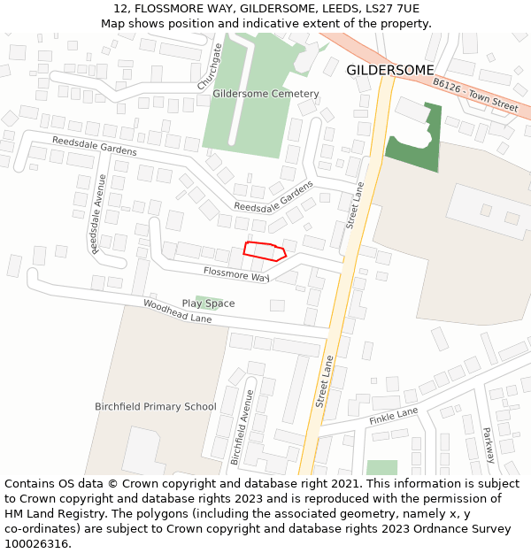 12, FLOSSMORE WAY, GILDERSOME, LEEDS, LS27 7UE: Location map and indicative extent of plot