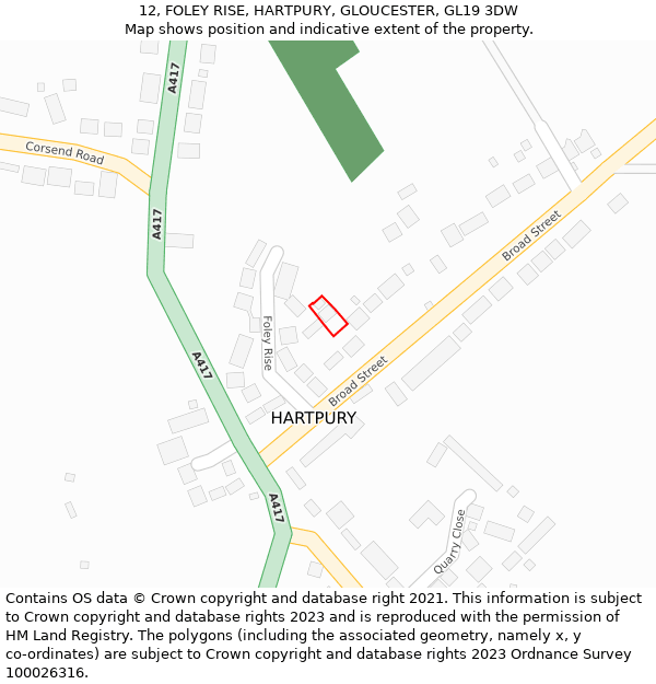 12, FOLEY RISE, HARTPURY, GLOUCESTER, GL19 3DW: Location map and indicative extent of plot