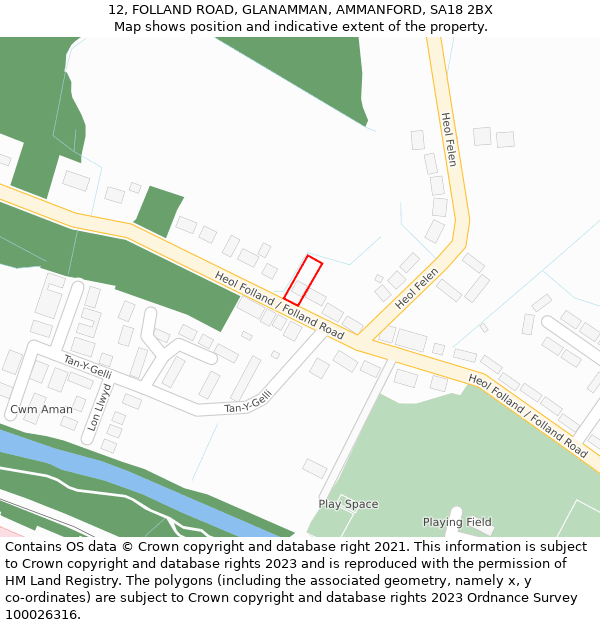12, FOLLAND ROAD, GLANAMMAN, AMMANFORD, SA18 2BX: Location map and indicative extent of plot