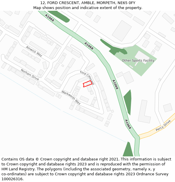 12, FORD CRESCENT, AMBLE, MORPETH, NE65 0FY: Location map and indicative extent of plot