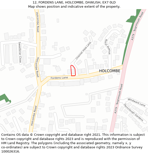 12, FORDENS LANE, HOLCOMBE, DAWLISH, EX7 0LD: Location map and indicative extent of plot