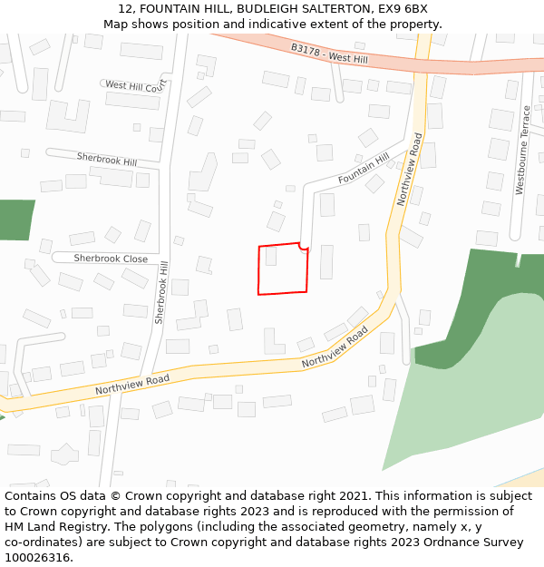 12, FOUNTAIN HILL, BUDLEIGH SALTERTON, EX9 6BX: Location map and indicative extent of plot