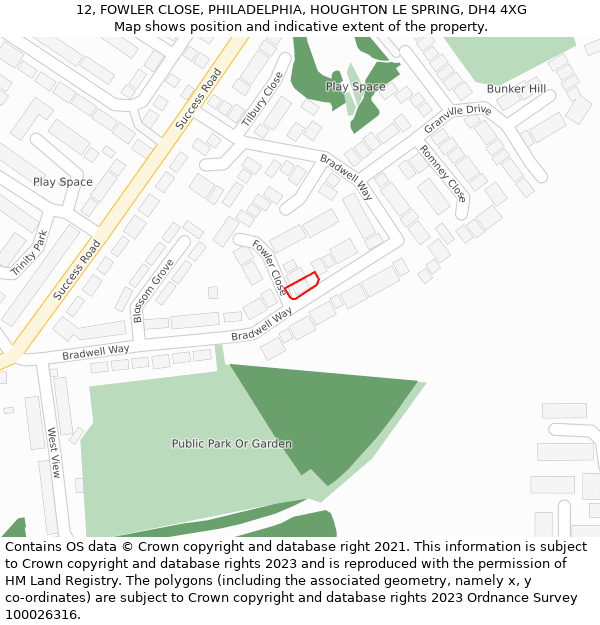 12, FOWLER CLOSE, PHILADELPHIA, HOUGHTON LE SPRING, DH4 4XG: Location map and indicative extent of plot