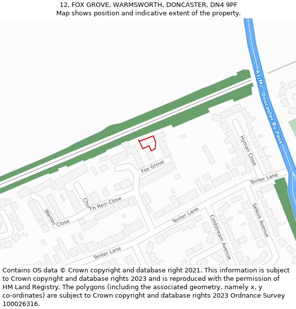 12, FOX GROVE, WARMSWORTH, DONCASTER, DN4 9PF: Location map and indicative extent of plot