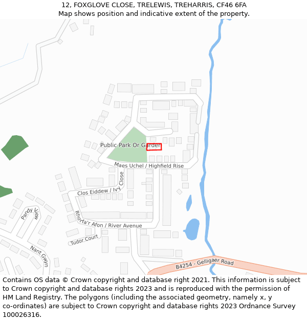 12, FOXGLOVE CLOSE, TRELEWIS, TREHARRIS, CF46 6FA: Location map and indicative extent of plot