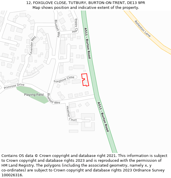 12, FOXGLOVE CLOSE, TUTBURY, BURTON-ON-TRENT, DE13 9PR: Location map and indicative extent of plot