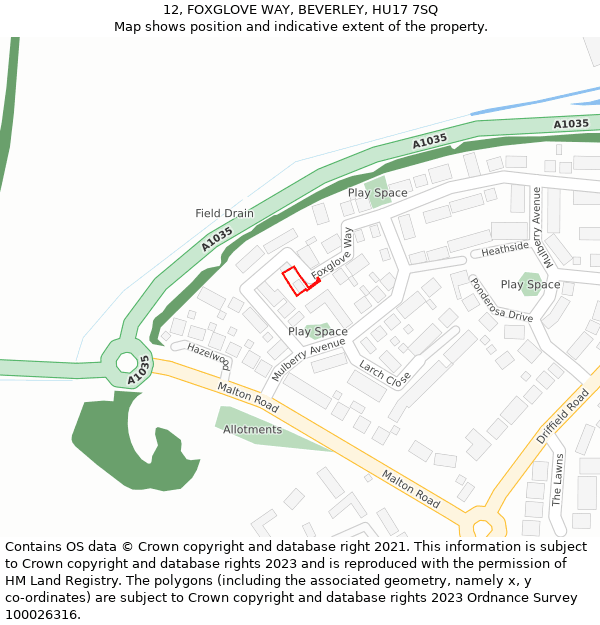 12, FOXGLOVE WAY, BEVERLEY, HU17 7SQ: Location map and indicative extent of plot