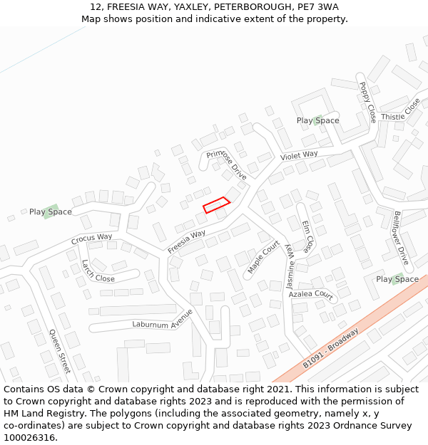 12, FREESIA WAY, YAXLEY, PETERBOROUGH, PE7 3WA: Location map and indicative extent of plot