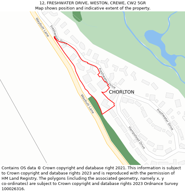 12, FRESHWATER DRIVE, WESTON, CREWE, CW2 5GR: Location map and indicative extent of plot