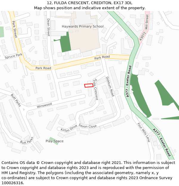 12, FULDA CRESCENT, CREDITON, EX17 3DL: Location map and indicative extent of plot