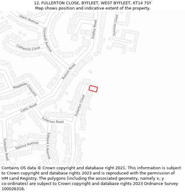 12, FULLERTON CLOSE, BYFLEET, WEST BYFLEET, KT14 7SY: Location map and indicative extent of plot