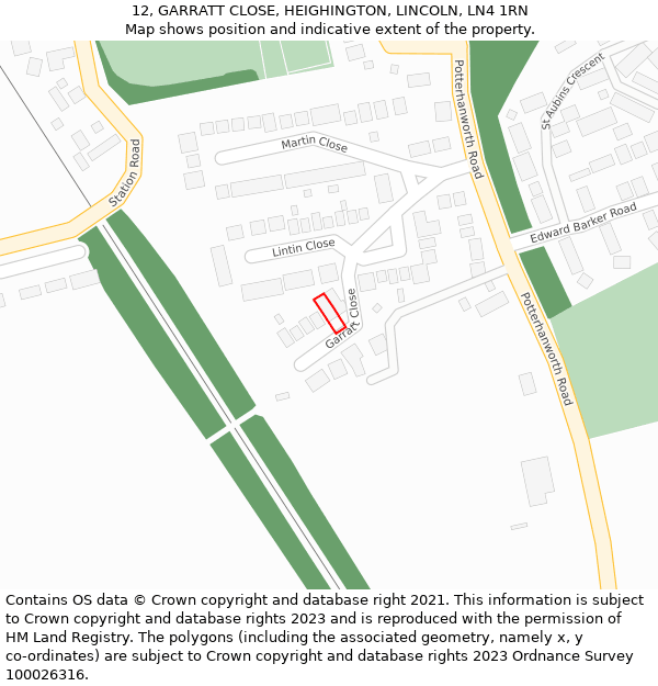 12, GARRATT CLOSE, HEIGHINGTON, LINCOLN, LN4 1RN: Location map and indicative extent of plot