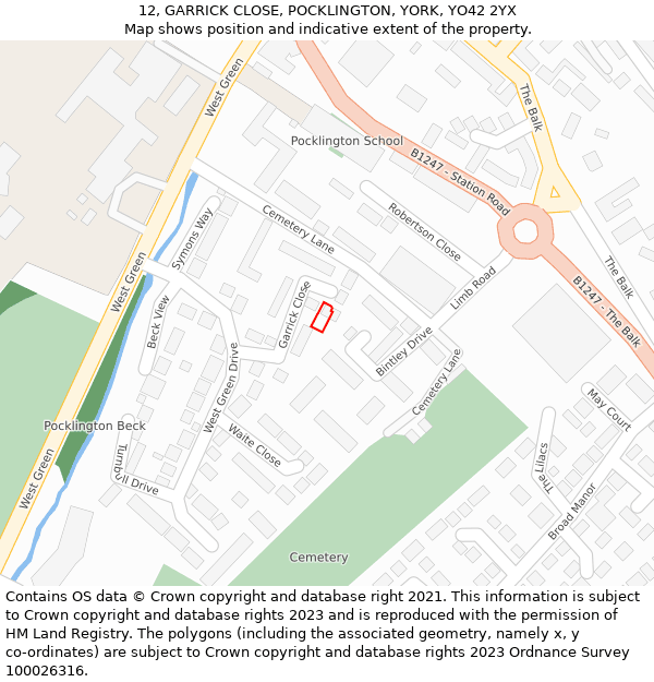 12, GARRICK CLOSE, POCKLINGTON, YORK, YO42 2YX: Location map and indicative extent of plot