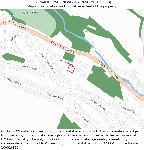 12, GARTH ROAD, NEWLYN, PENZANCE, TR18 5QJ: Location map and indicative extent of plot