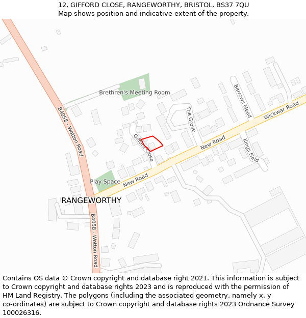 12, GIFFORD CLOSE, RANGEWORTHY, BRISTOL, BS37 7QU: Location map and indicative extent of plot