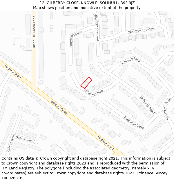 12, GILBERRY CLOSE, KNOWLE, SOLIHULL, B93 9JZ: Location map and indicative extent of plot