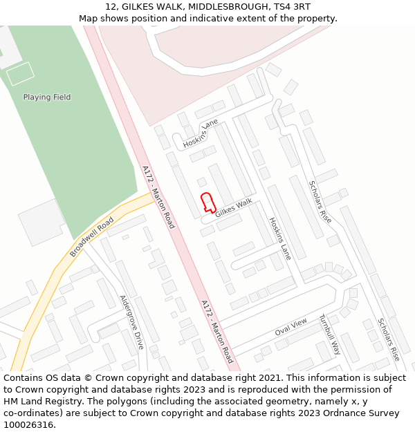 12, GILKES WALK, MIDDLESBROUGH, TS4 3RT: Location map and indicative extent of plot