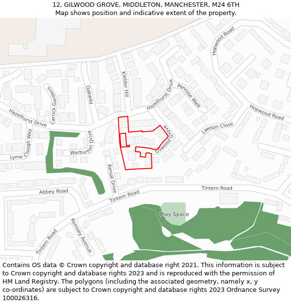 12, GILWOOD GROVE, MIDDLETON, MANCHESTER, M24 6TH: Location map and indicative extent of plot