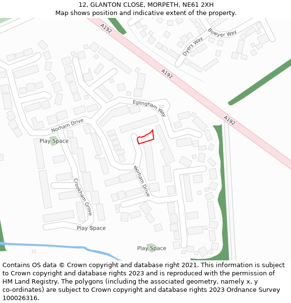 12, GLANTON CLOSE, MORPETH, NE61 2XH: Location map and indicative extent of plot